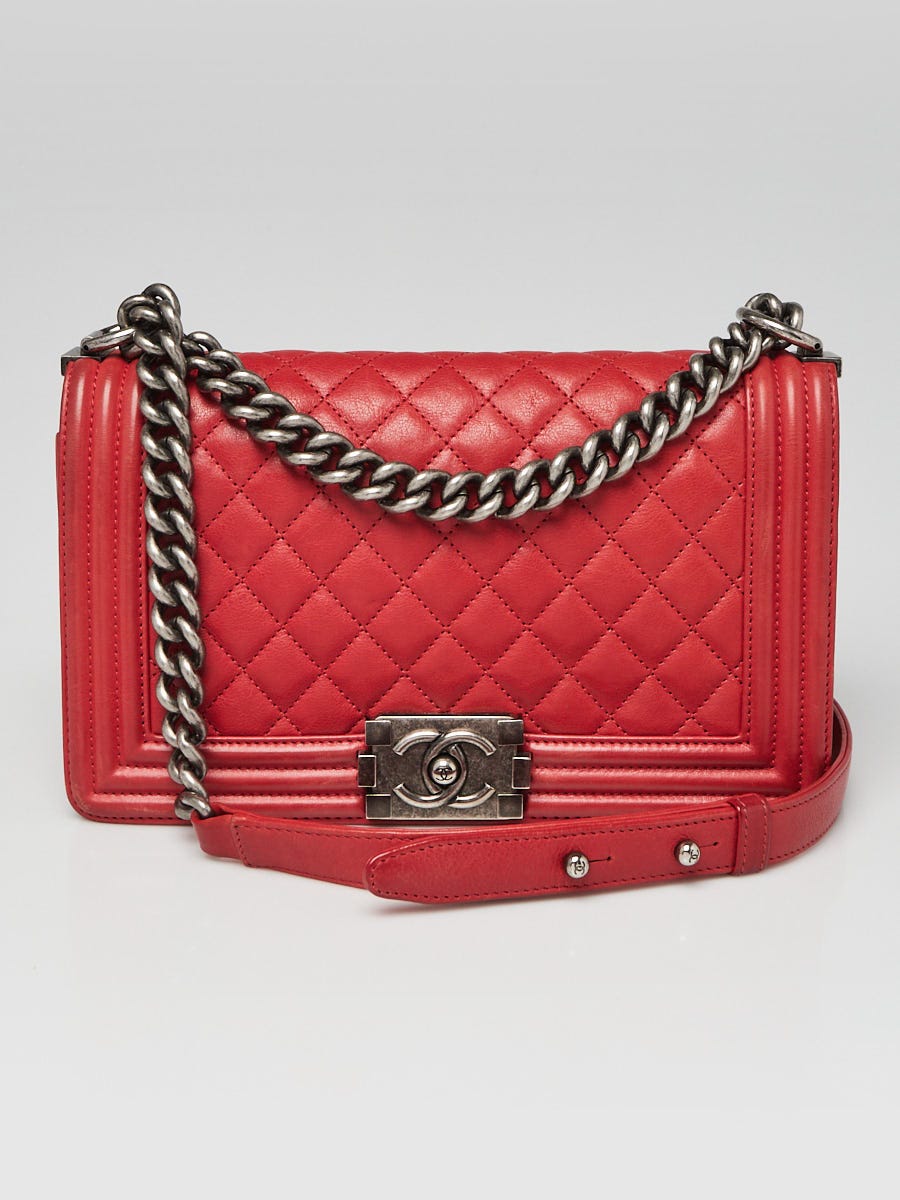 Chanel Red Quilted Lambskin Leather Medium Boy Bag - Yoogi's Closet