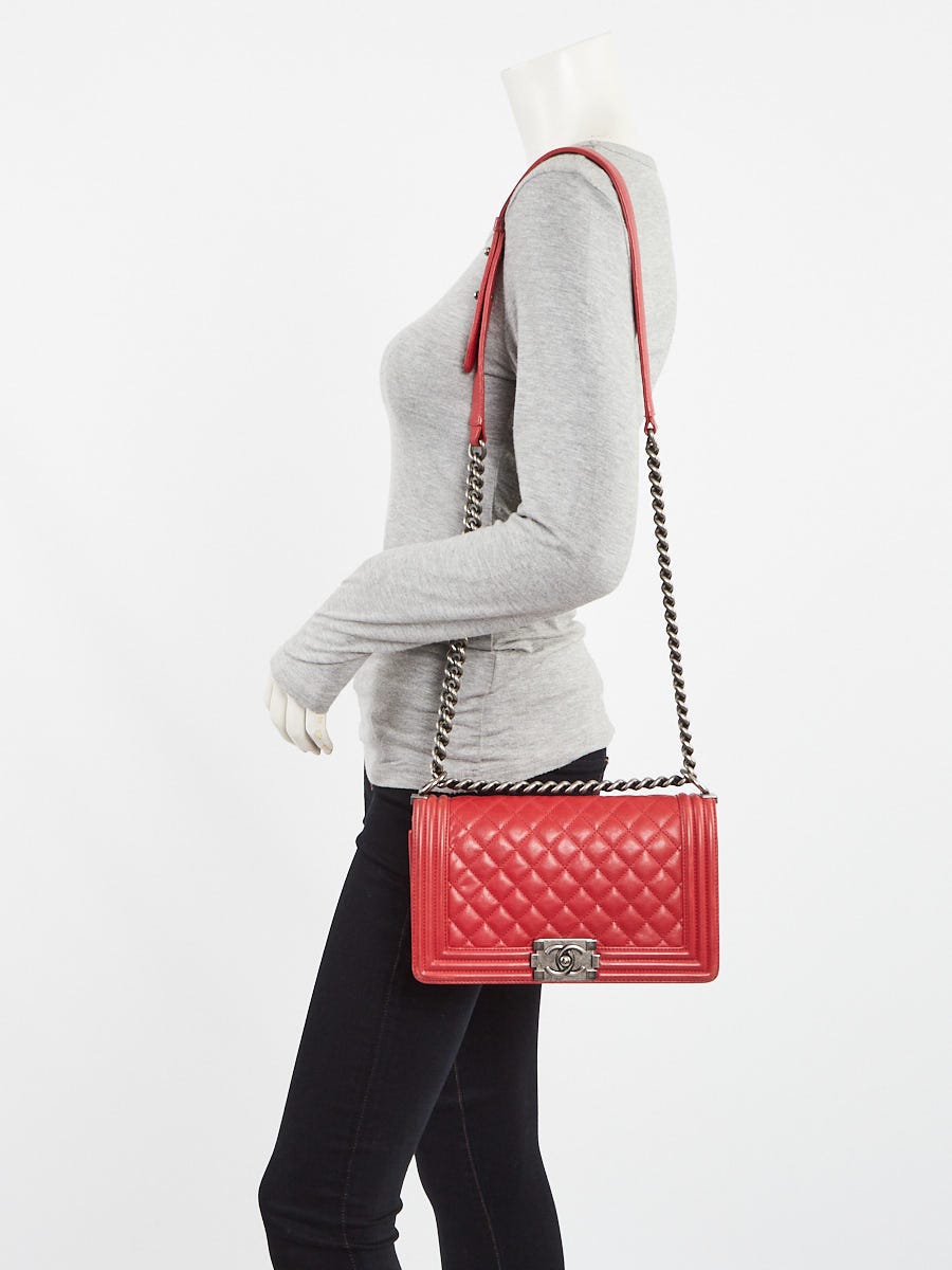 Chanel Red Quilted Lambskin Leather Medium Boy Bag