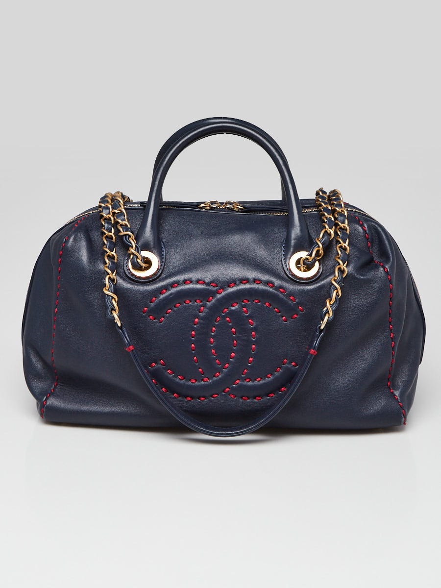 Chanel Blue Leather Stitched CC Chain Handle Bowling Bag - Yoogi's Closet