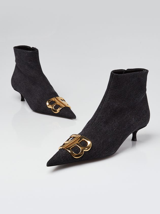 Balenciaga Black Denim BB Knife Kitten Heel Booties Size 5.5/36
