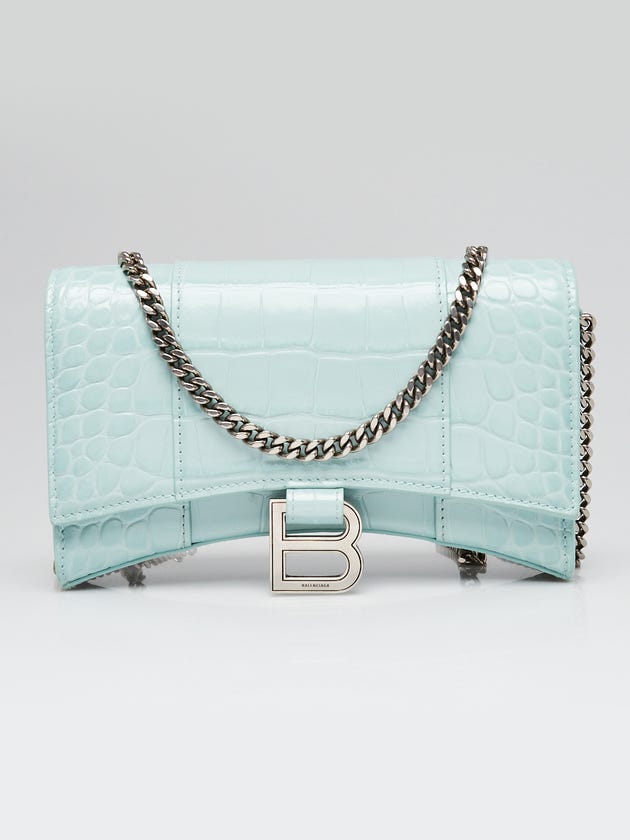 Balenciaga Light Green Croc Embossed Leather Soft Hourglass Wallet On Chain Bag