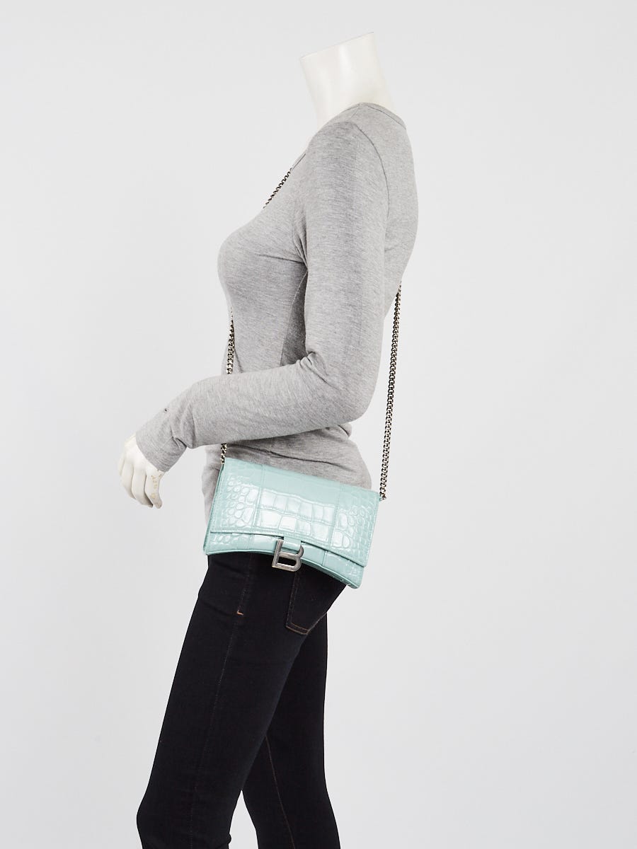 Balenciaga Light Green Croc Embossed Leather Soft Hourglass Wallet On Chain Bag