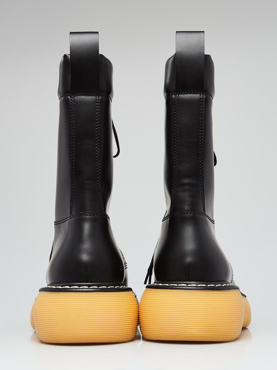 Bottega Veneta Black Leather Lace Up Mid Calf Combat Boots Size