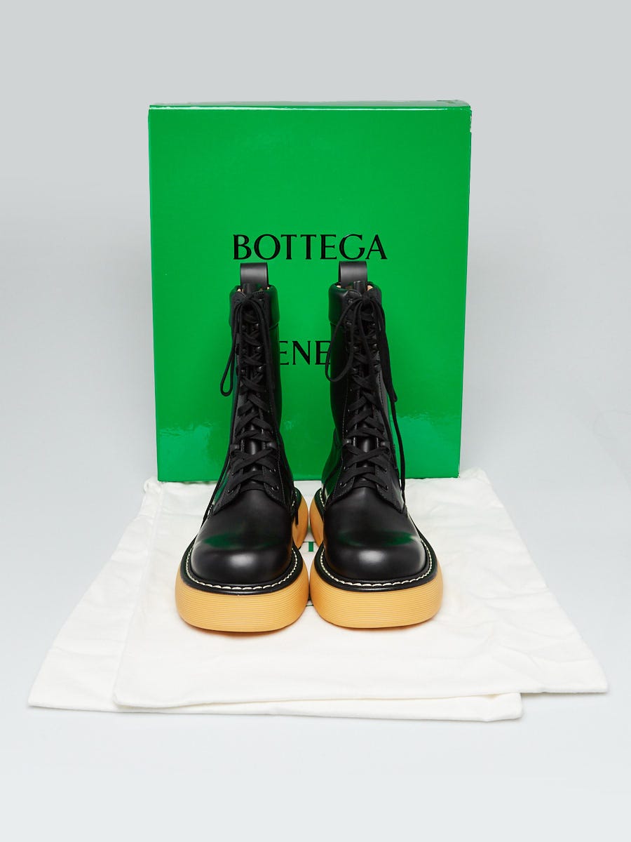 Bottega Veneta Black Leather Lace Up Mid Calf Combat Boots Size