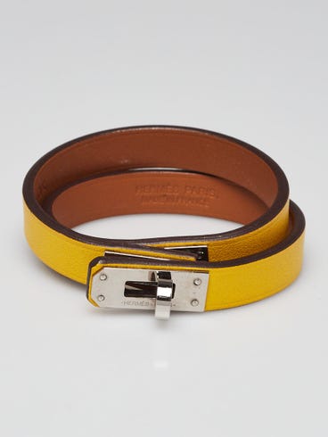 Hermes Jaune d'or Epsom Swift Leather Palladium Plated Mini Kelly Double Tour Bracelet Size T1