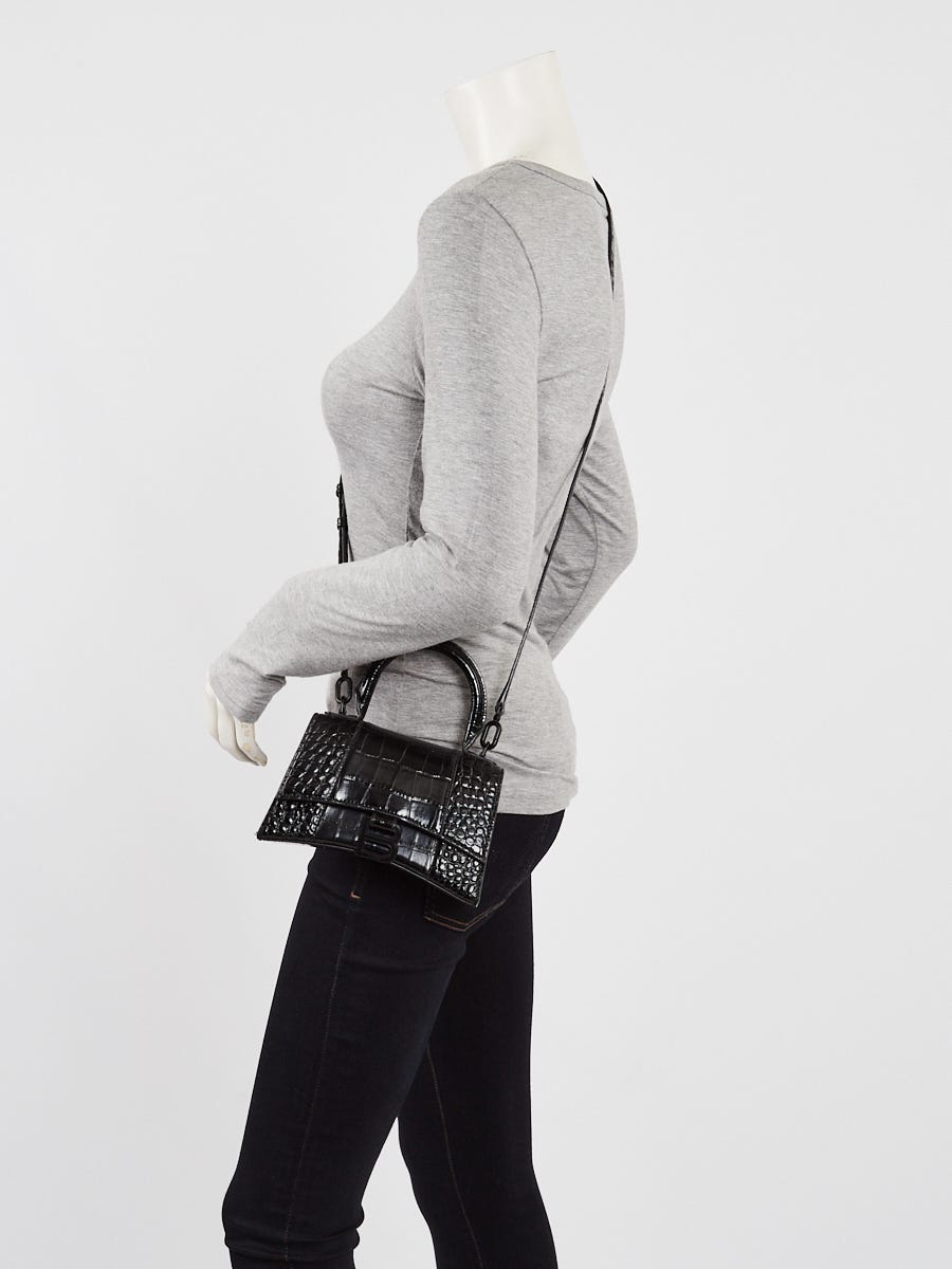 Balenciaga Hourglass Xs Croc-effect Leather Shoulder Bag in Black