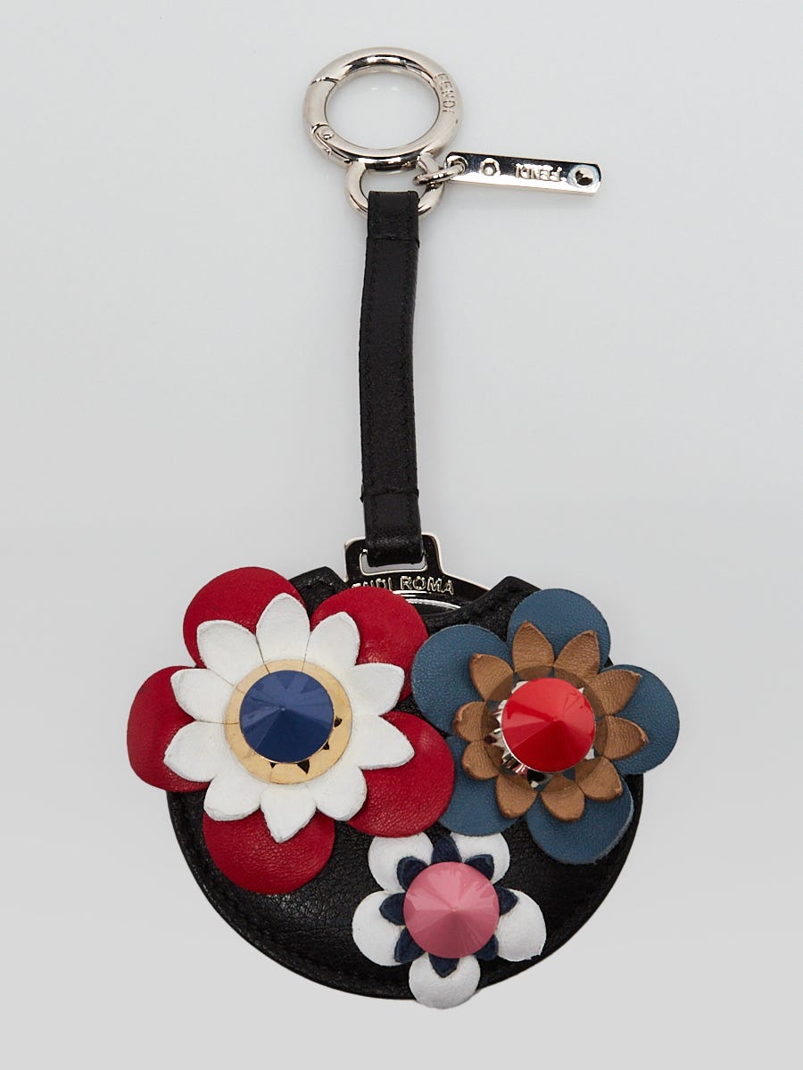 Fendi Black/Multicolor Leather Flower Applique Mirror Bag Charm