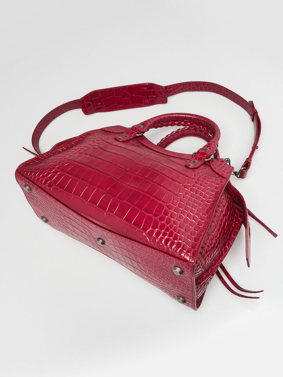 Balenciaga Raspberry Croc Embossed Calfskin Leather Neo Classic Small City Bag
