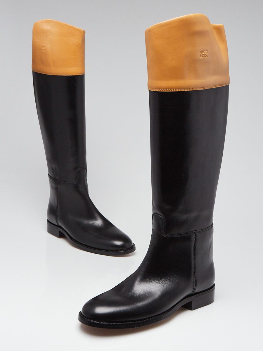 På hovedet af krysantemum to uger Gucci Black/Brown Smooth Leather Flat Horse Riding Boots Size 7/37.5 -  Yoogi's Closet