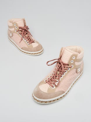 Pink/Beige Tweed/Patent Leather High Top Sneakers Size 6.5/37
