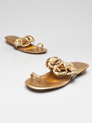 Gold Leather Camellia Flower Sandals Size 9.5/40
