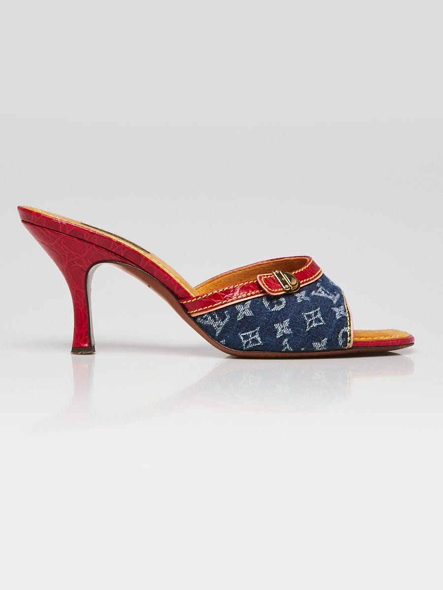 Louis Vuitton Blue/Red Monogram Denim and Crocodile Mule Sandals Size 37.5  Louis Vuitton