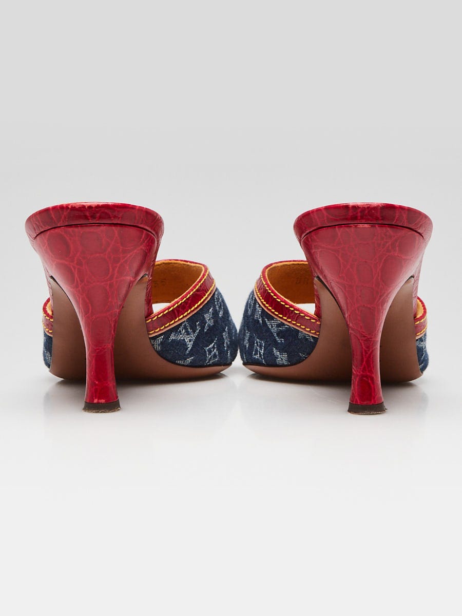 Louis Vuitton Blue Denim Monogram Denim Red Embossed Leather Slide Mules  Size 7.5/38 - Yoogi's Closet