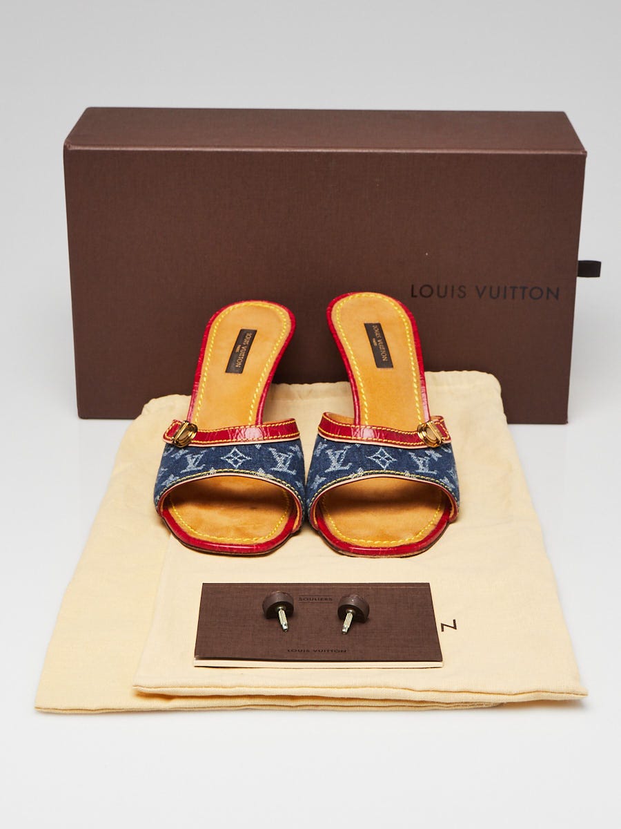 Louis Vuitton Monogram Denim Red Croc Slip On Low Heel Mule Sandal Slide  Shoe 38