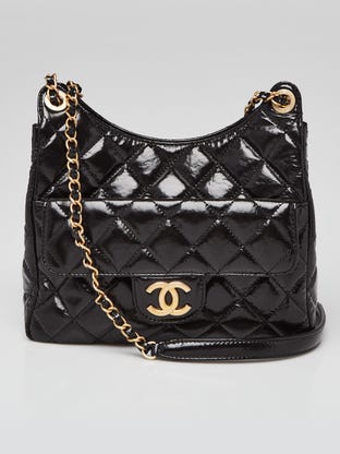 Black Quilted Crumpled Calfskin Leather Wavy Hobo Bag