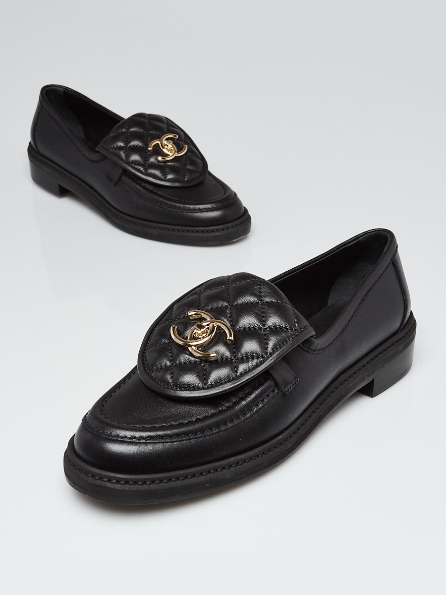 Chanel Black Lambskin Leather CC Moccasin Loafers Size 7.5/38 - Yoogi's  Closet