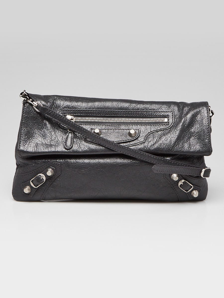 Balenciaga Gris Fossile Lambskin Leather 12 Silver Envelope Clutch Crossbody w/ Strap Bag - Yoogi's Closet