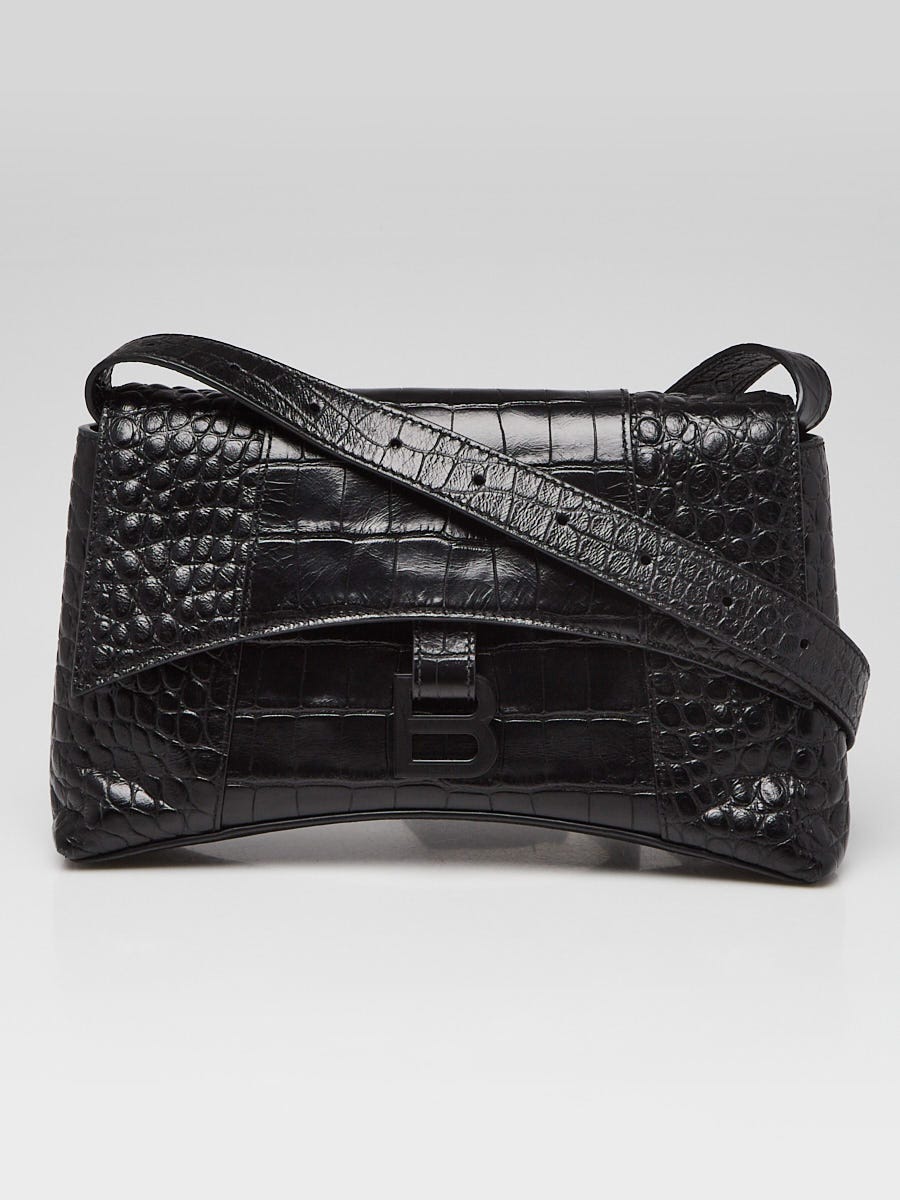 Balenciaga Black Croc Embossed Leather Soft Hourglass Xs Shoulder Bag