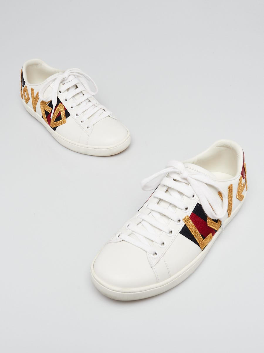 White Leather Ace Loved Embroidered Sneakers Size - Closet