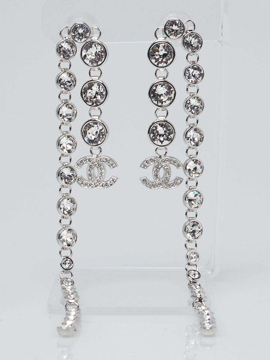 Chanel Silvertone Metal and Crystal CC Long Drop Earrings