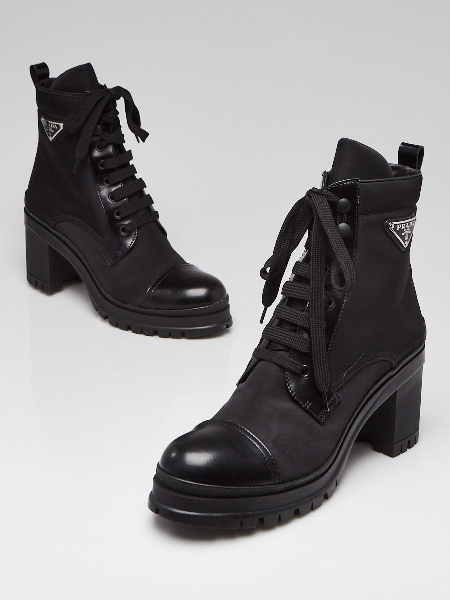 Prada Black Brushed Leather Re Nylon Lace Up Combat Boots Size 10