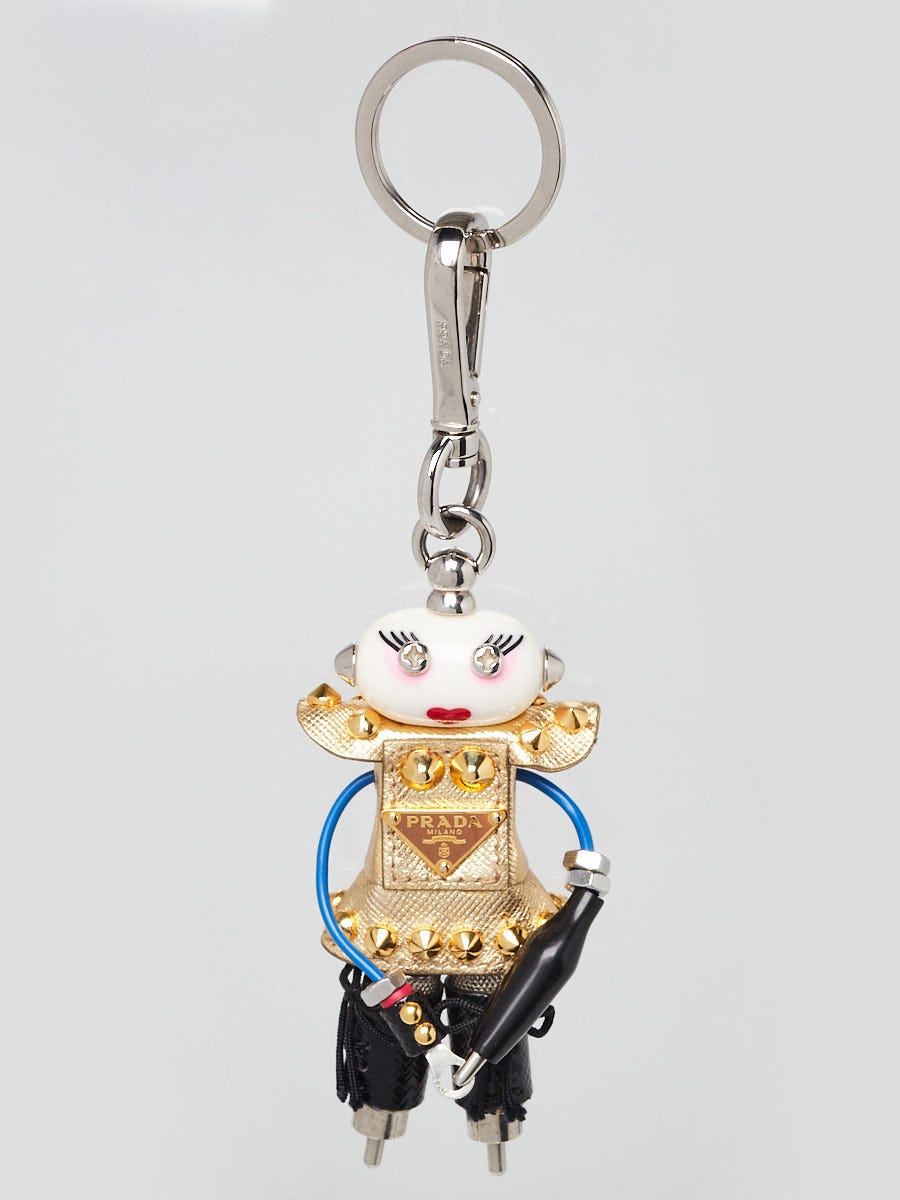 海外通販サイト ブランド Nancy Leather Saffiano Gold Prada Robot Charm Bag and Key 小物