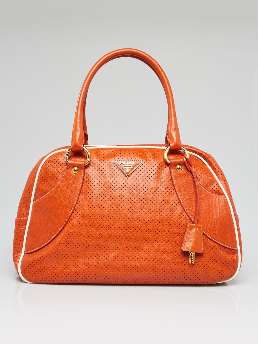 Prada Orange Vitello Drive Leather Perforated Bowler Bag Yoogi s Closet