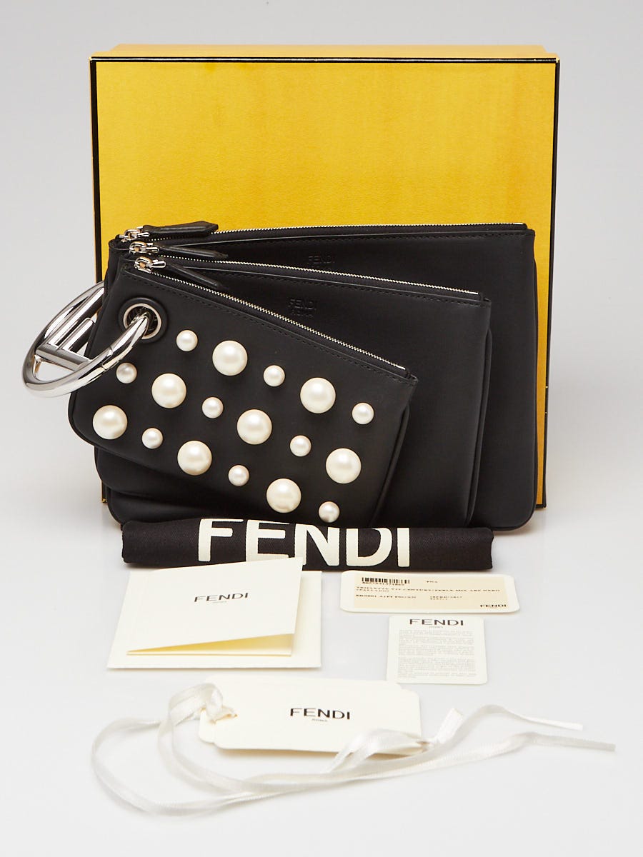 Fendi Black Leather Faux Pearls Triplette Clutch Bag 8BS001