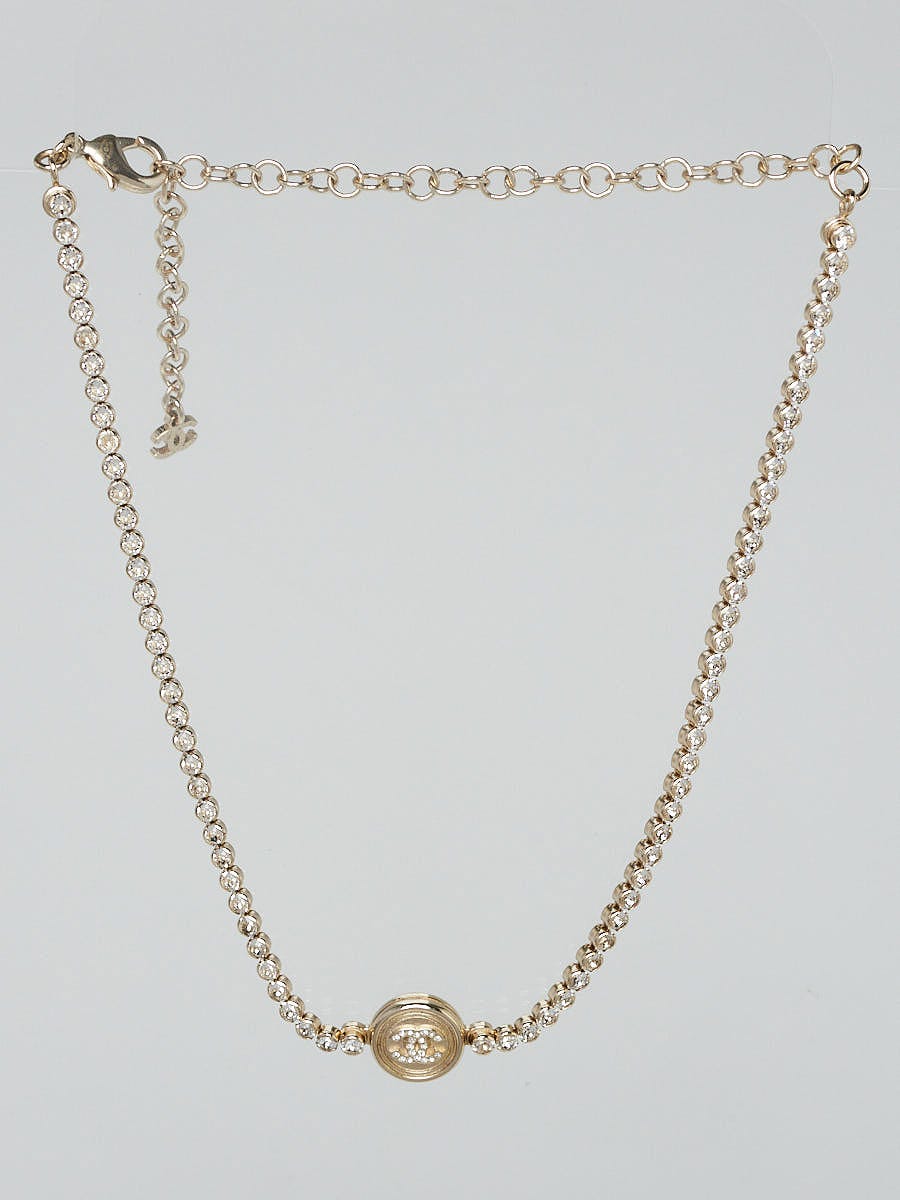 Chanel Gold Metal Crystal CC Medallion Choker Necklace - Yoogi's Closet