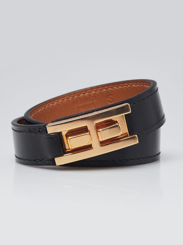 Hermes Black Box Leather Gold Plated Drag Double Tour Bracelet Size T2