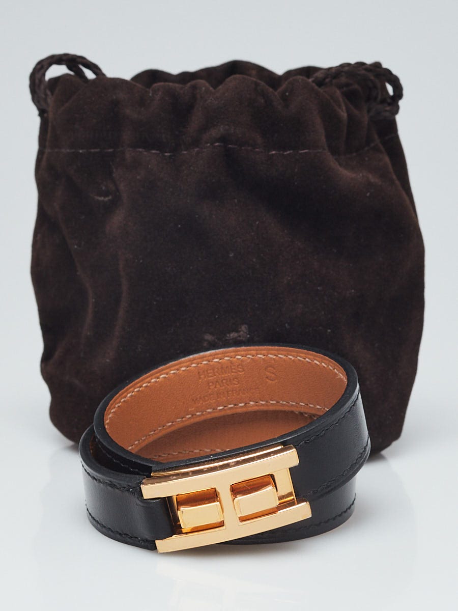 Hermes Black Box Leather Gold Plated Drag Double Tour Bracelet Size T2