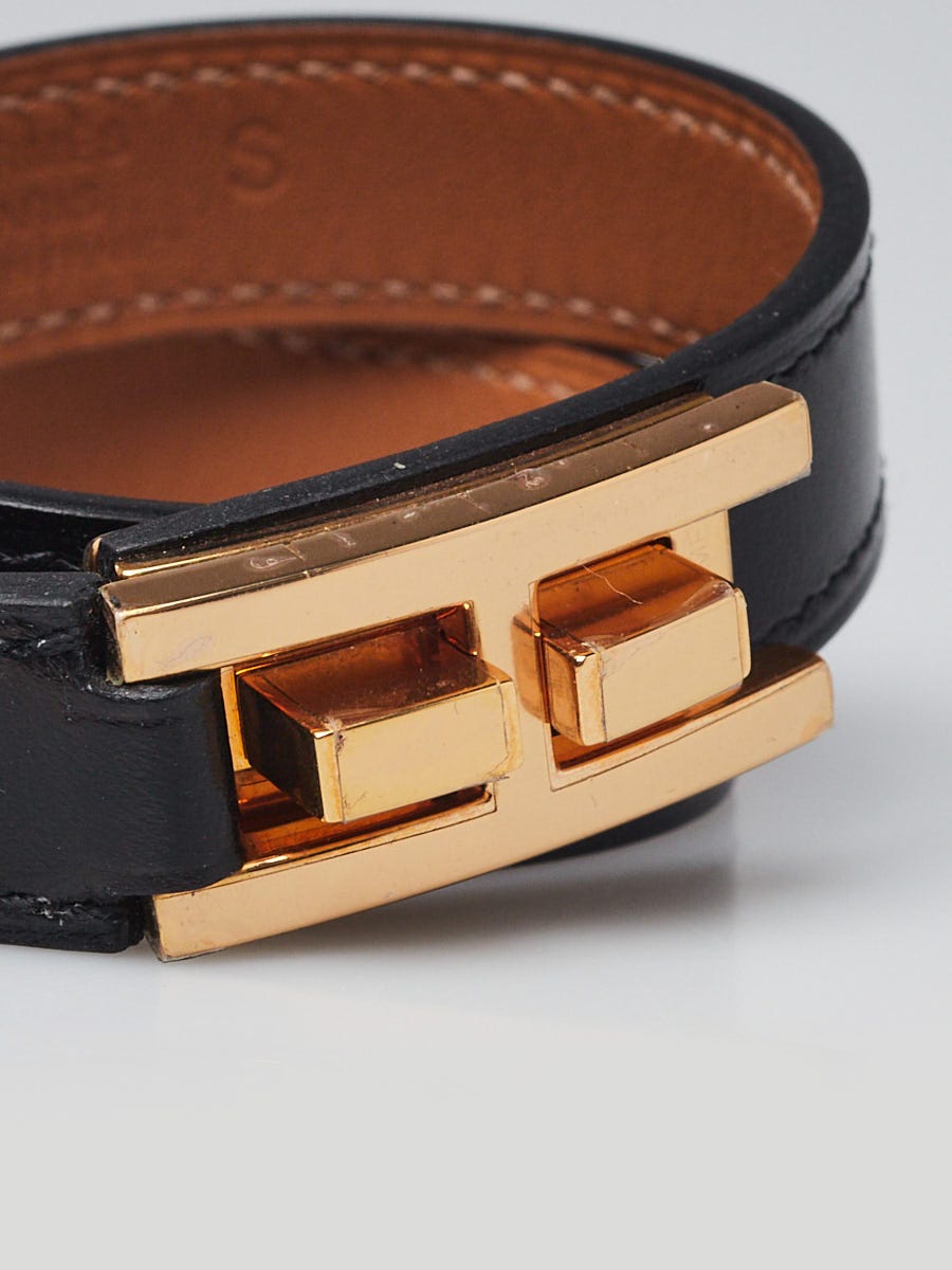 Hermes Black Box Leather Gold Plated Drag Double Tour Bracelet