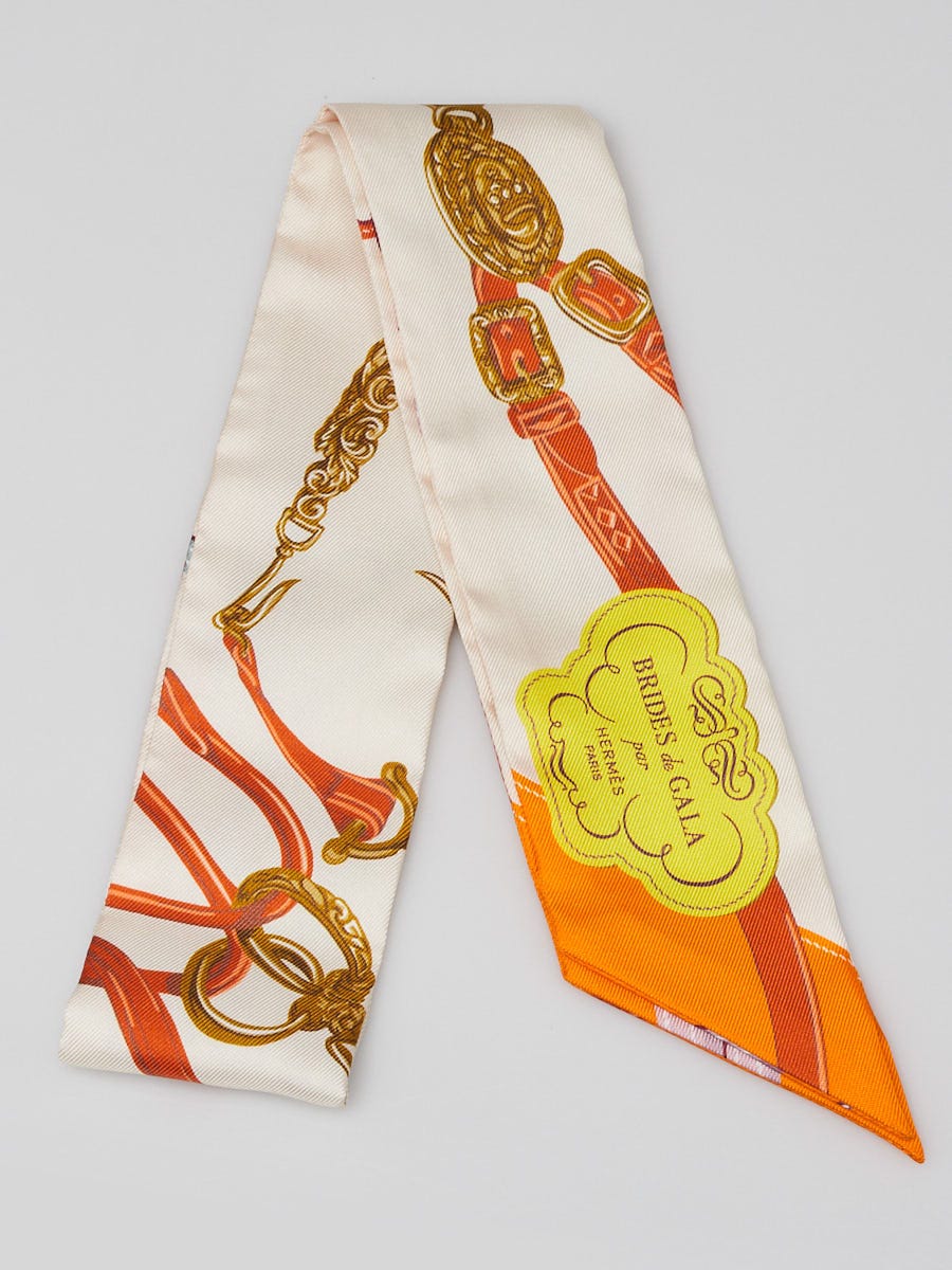 Hermes Creme/Orange/Jaune Printed Silk Brides de Gala Twilly Scarf