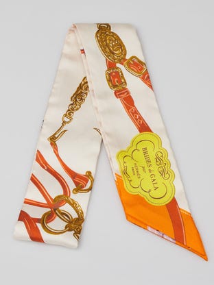 Creme/Orange/Jaune Printed Silk Brides de Gala Twilly Scarf