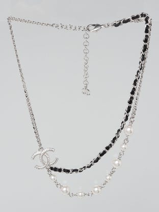 Silver Metal Pearl Crystal Chain-Link CC Choker Necklace
