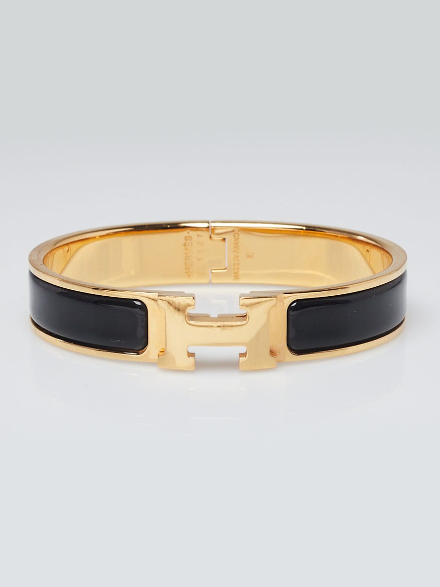 Hermes Black Enamel Gold Plated Clic-Clac H Narrow PM Bracelet