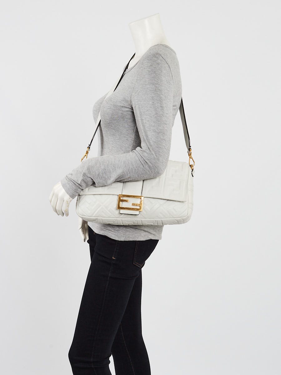 Fendi Silver FF Embossed Leather Large Baguette Shoulder Bags