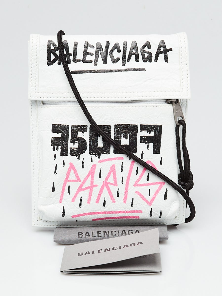 Balenciaga White Leather Graffiti Explorer Pouch Crossbody Bag - Yoogi's  Closet