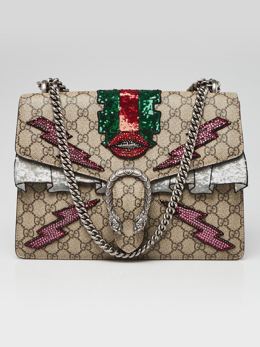 Gucci Beige GG Supreme Canvas Embroidered Sequin Medium Dionysus Shoulder Bag