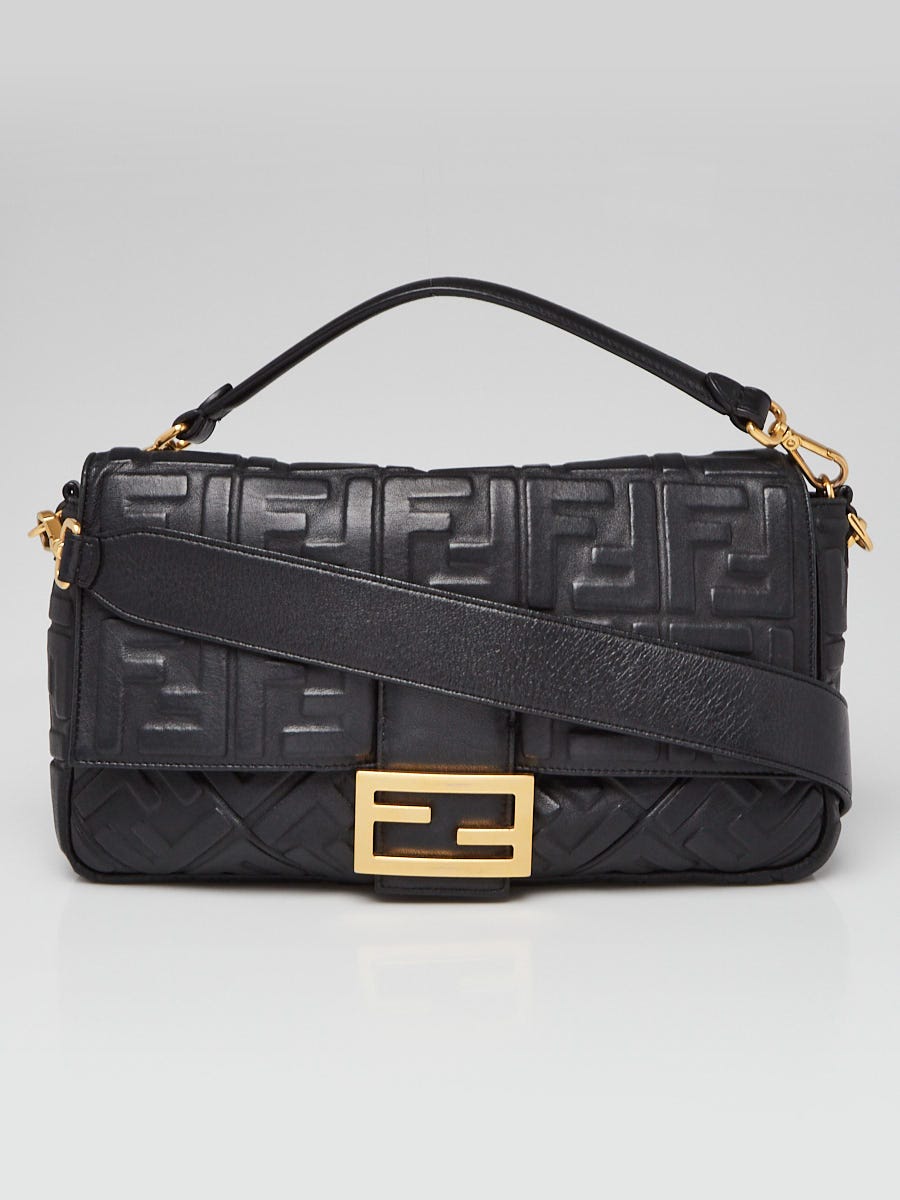 Fendi Black FF Embossed Leather Large Baguette Bag 8BR771
