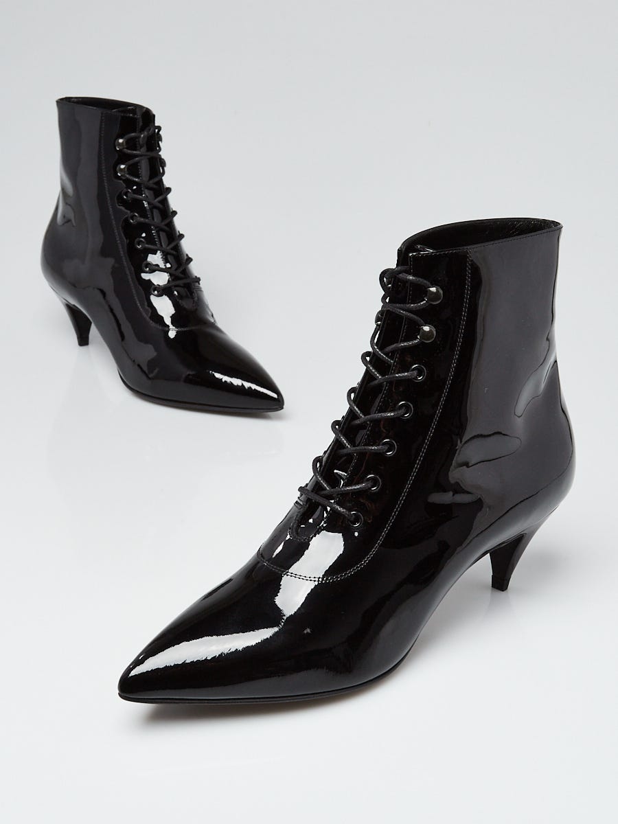 Yves Saint Laurent Black Patent Leather Lace Up Cat 50 Ankle Booties Size 6/36.5