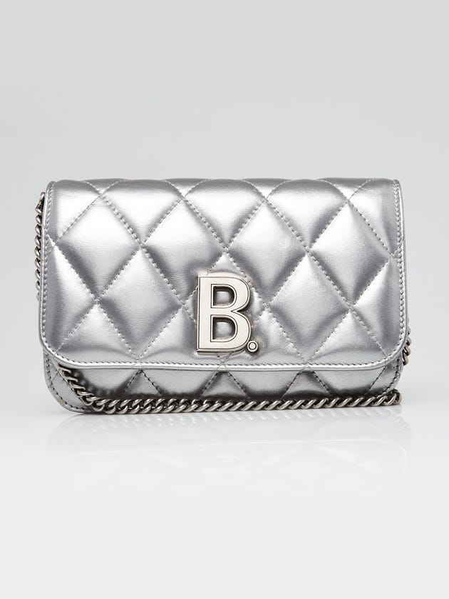 Balenciaga Silver Quilted Leather B Wallet on Chain Crossbody Bag