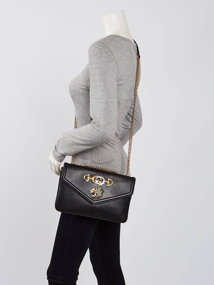 Gucci Black Smooth Leather Rajah Medium Shoulder Bag | Yoogi's Closet