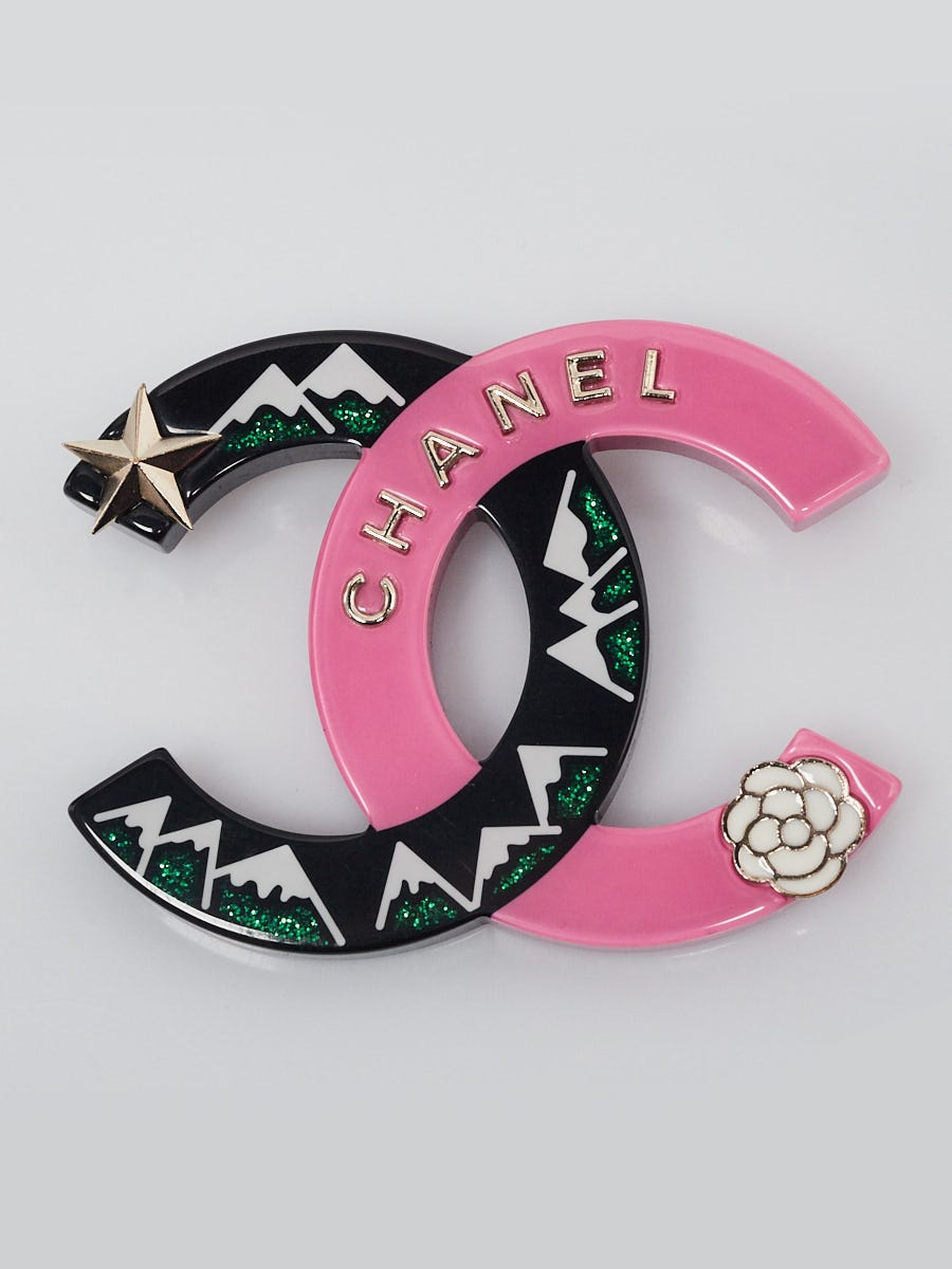 Chanel Pink/Black/Green Resin Glitter CC Brooch - Yoogi's Closet