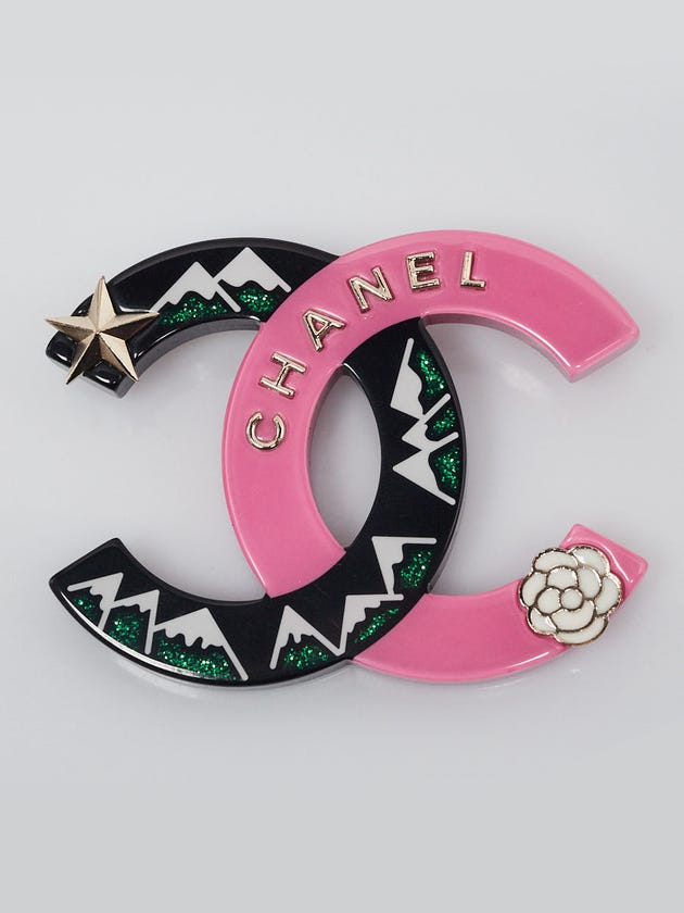 Chanel Pink/Black/Green Resin Glitter CC Brooch