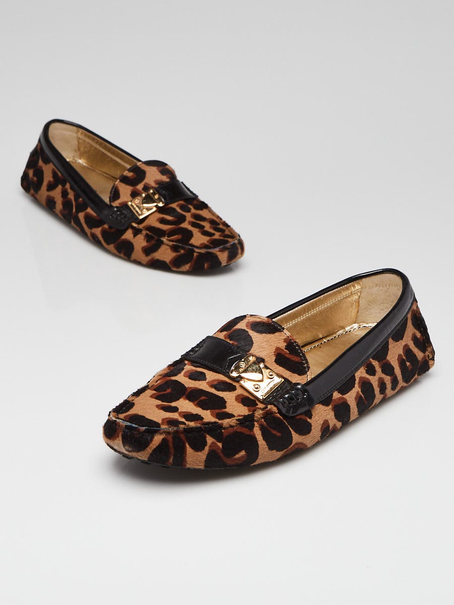 Louis Vuitton Leopard Print Brown Leather Flat Pumps Ballet Shoes Size 38 LV