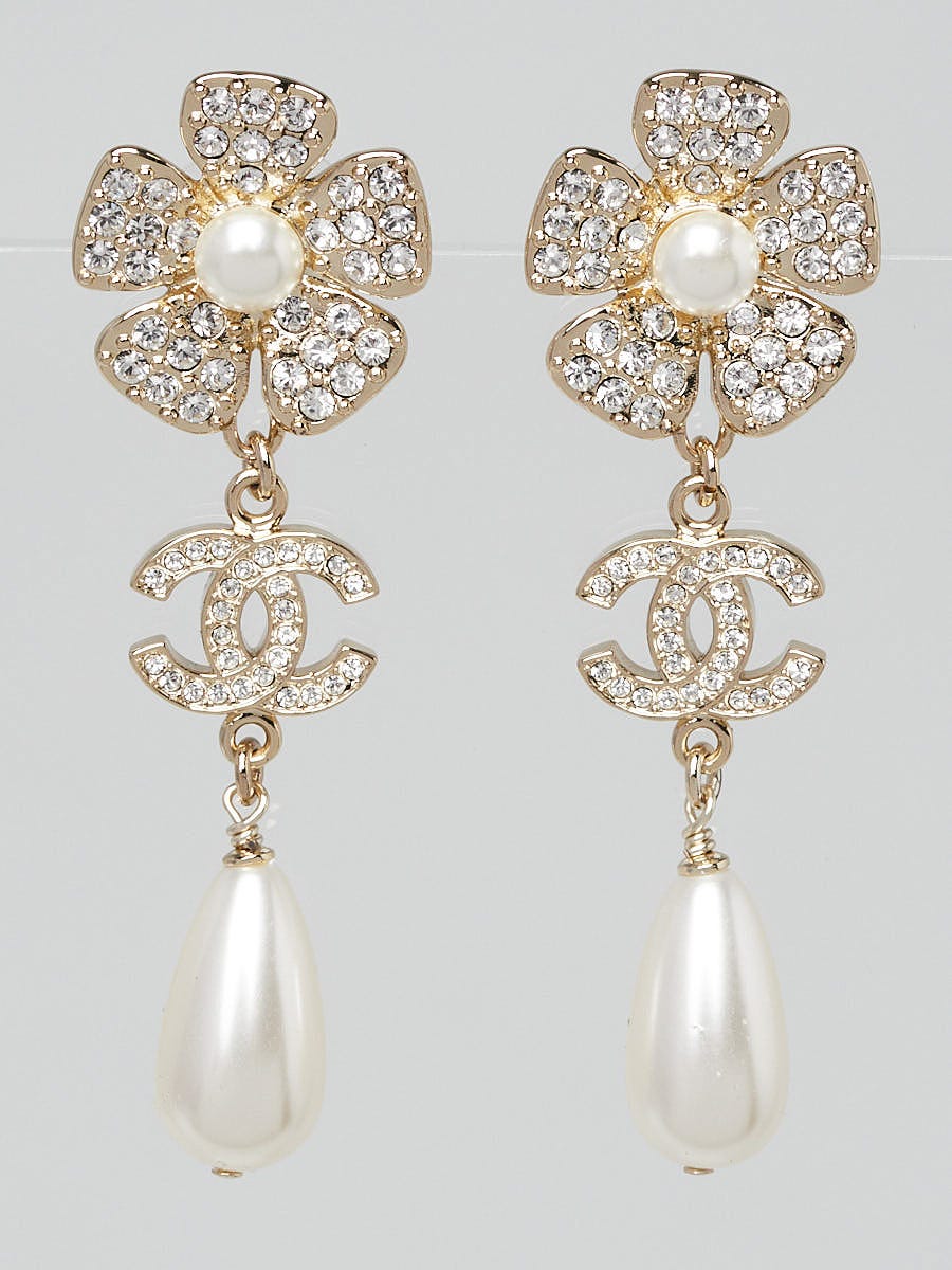Chanel Crystal and Faux Pearl Camellia Drop Earrings