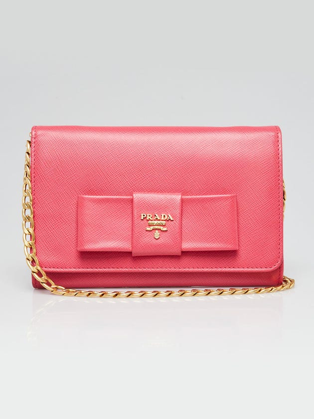 Prada Pink Saffiano Lux Leather Bow Wallet on Chain Clutch Bag