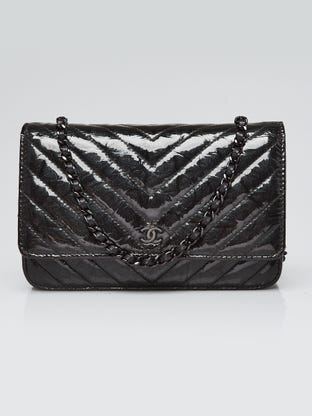 Black Chevron Quilted Crinkled Patent Leather Classic WOC Clutch Bag