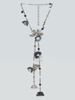 Black/Grey Camellia Flower and Faux Pearl CC Necklace